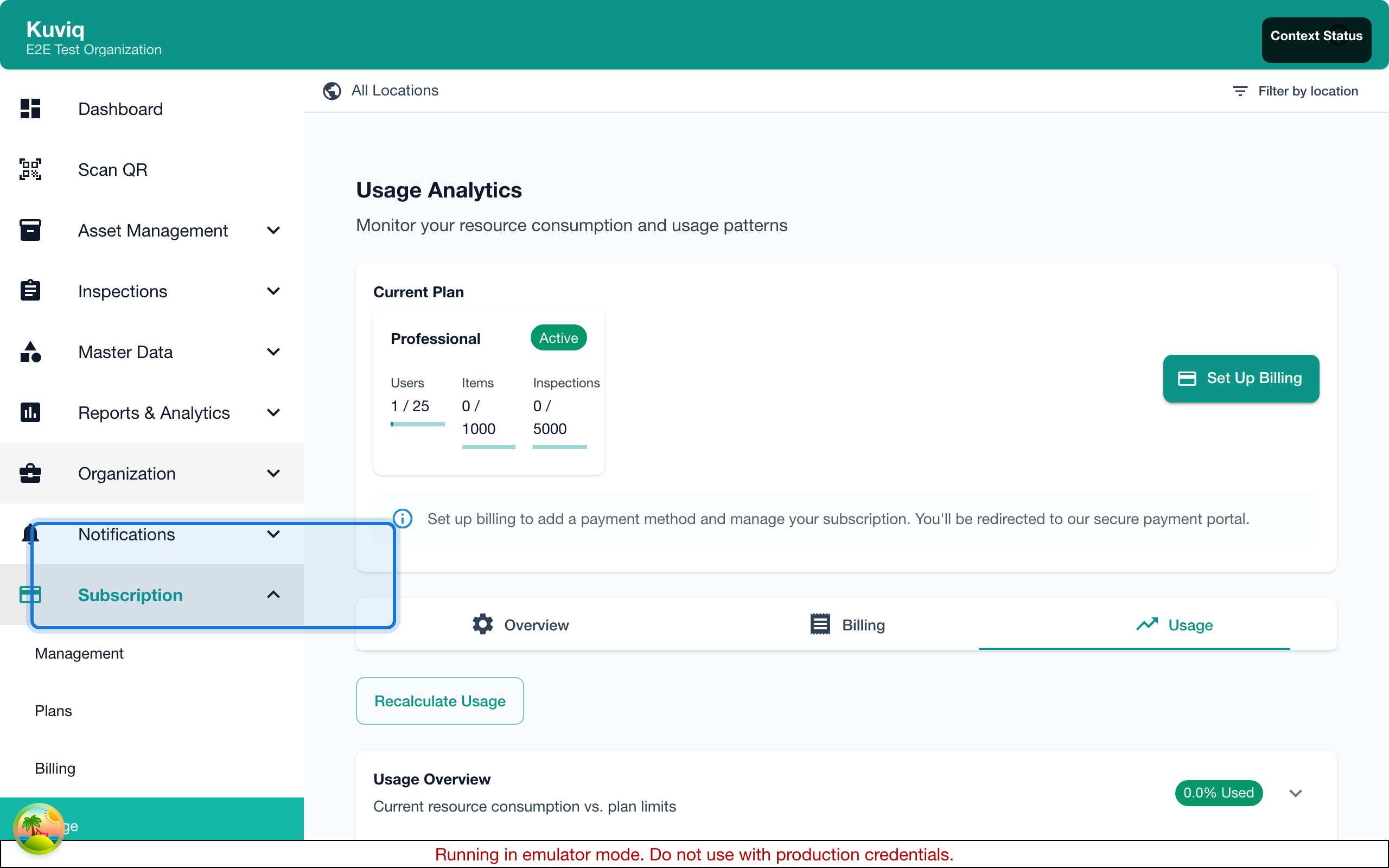 Subscription limit warning showing resource usage near capacity